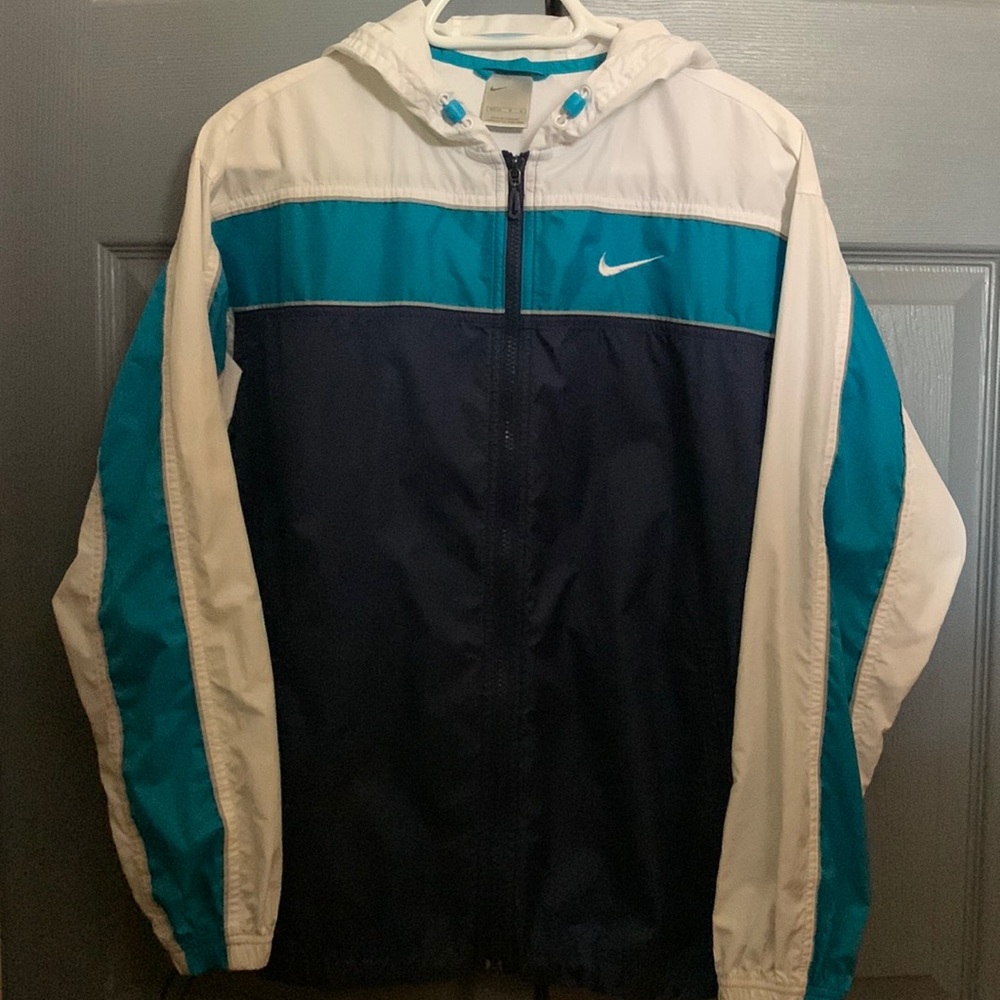 Nike Hooded Jacket/Windbreaker, White/Turquoise/Navy, Size M (8-10) Unisex